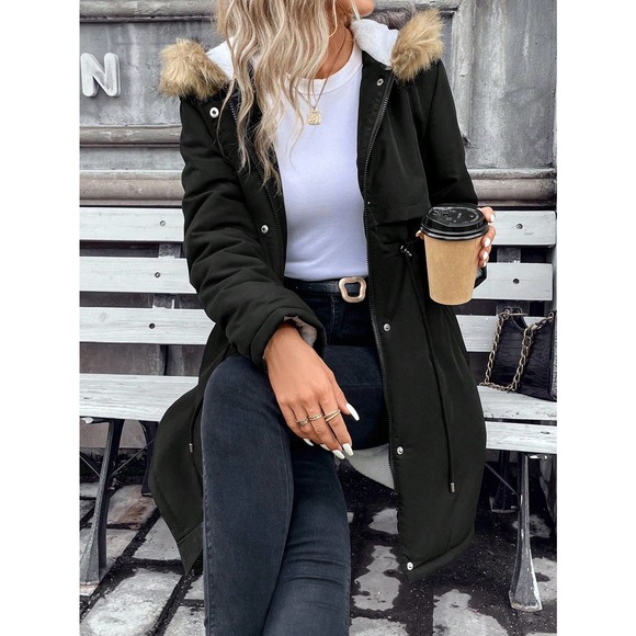 Faux fur Trim Drawstring Waist Hooded Parka puffer Coat tan - Picture 7 of 8